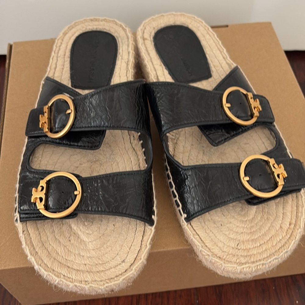 Tory Burch Black Espadrille Sandals with Gold Accents